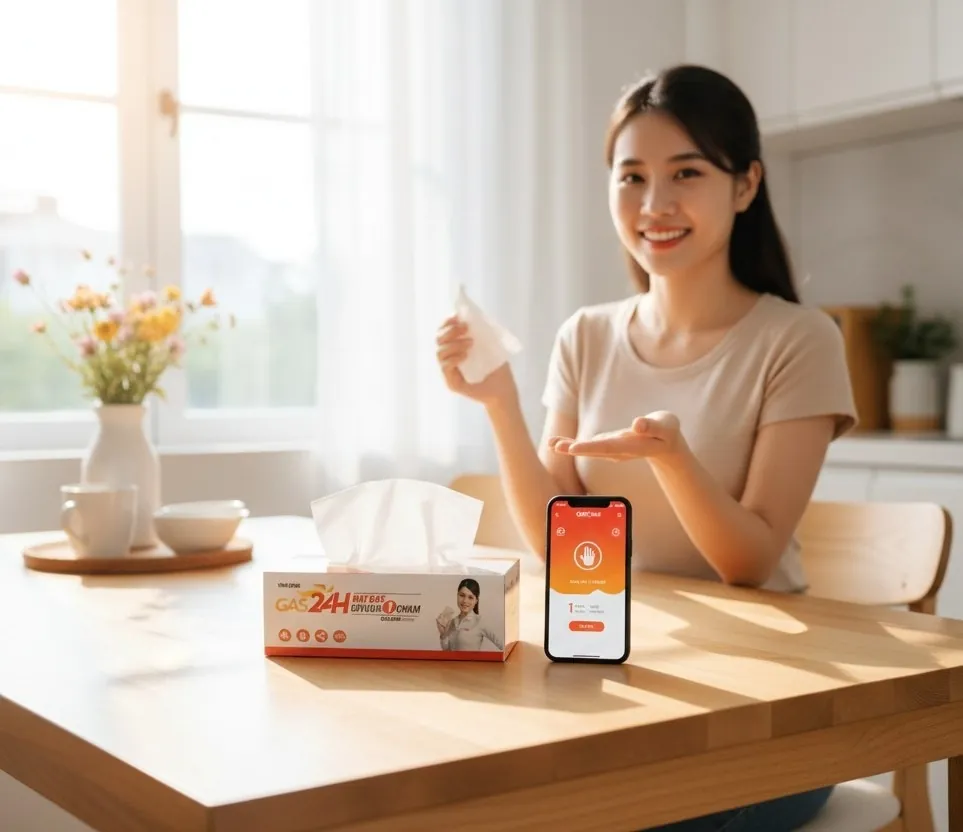 Hộp khăn giấy in logo thương hiệu đặt trên bàn làm việc