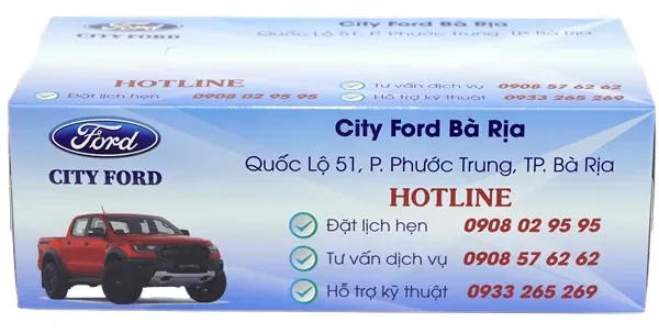 Hộp khăn giấy in logo và hotline City Ford Bà Rịa