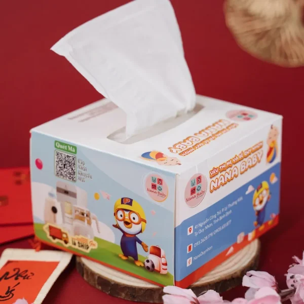 Hộp khăn giấy vuông in logo cửa hàng mẹ và bé