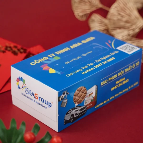 Hộp khăn giấy in logo quà tặng doanh nghiệp tông xanh