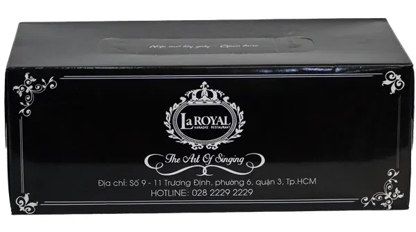 Hộp khăn giấy đen in logo hoa văn bạc