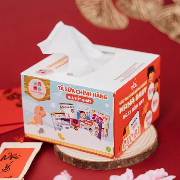 Hộp khăn giấy vuông in hình cho cửa hàng mẹ và bé
