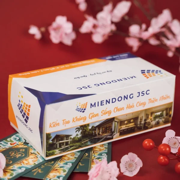 Hộp khăn giấy in logo quà tặng Miền Đông JSC