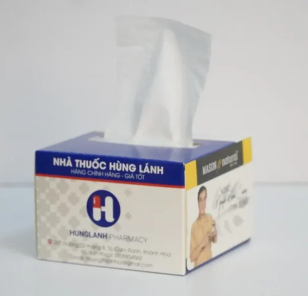 Hộp khăn giấy in logo nhà thuốc Hùng Lãnh