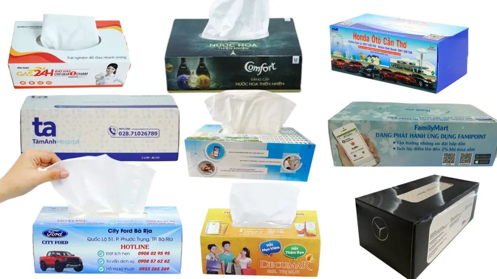 Nhiều mẫu hộp khăn giấy in logo thương hiệu do Paper World sản xuất