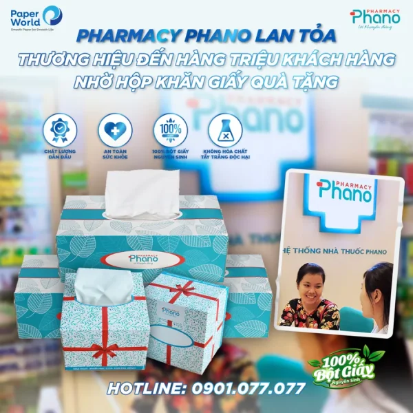 Hộp khăn giấy in logo chuỗi nhà thuốc Phano