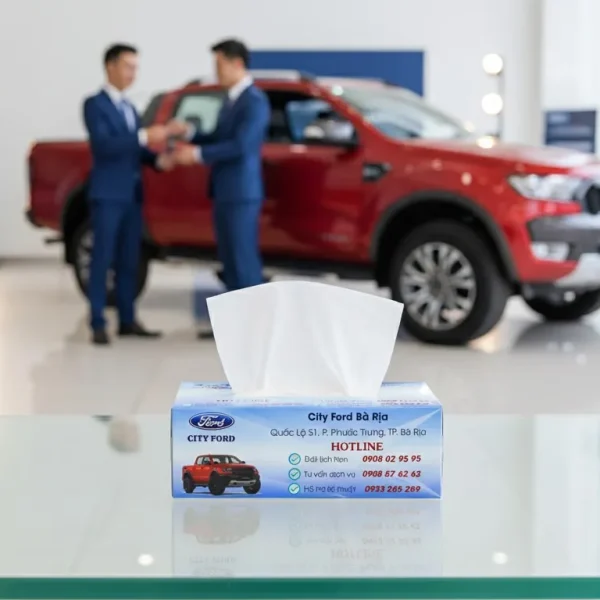 Hộp khăn giấy in logo trên bàn tư vấn showroom Ford